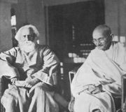 Tagore (left) meets with Mahatma Gandhi at Santiniketan in 1940.