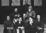 Tagore (center, at right) visits Chinese academics at Tsinghua University in 1924.
