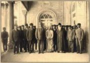 Tagore (first row, third figure from right) meets members of the Iranian Majlis (Tehran, April-May 1932). Tagore visited Shiraz in the same year, [1].