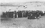 Tel Aviv was founded on land purchased from Bedouins north of Jaffa. This photograph is of the 1909 auction of the first lots.