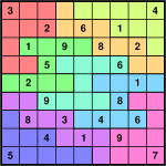 A nonomino Sudoku puzzle, sometimes also known as a Jigsaw Sudoku, for instance in the Sunday Telegraph