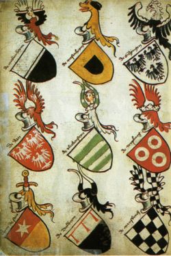 The German Hyghalmen Roll was made in the late fifteenth century and illustrates the German practice of repeating themes from the arms in the crest