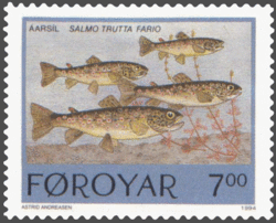 Fish in the Faroe Islands:Brown trout (Salmo trutta fario)Faroese stamp issued: 7 Feb 1994Artist: Astrid Andreasen