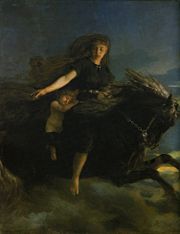 Nótt, the Norse goddess of the night, rides her horse in this 19th century painting by Peter Nicolai Arbo.