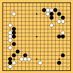 Game 1 of the 2002 LG Cup final between Choe Myeong-hun (White) and Lee Sedol (Black) at the end of the opening stage; White has developed a great deal of potential territory, while Black has emphasized central influence.