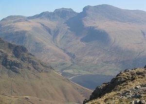 The impressive bulk of the Scafell massif, the highest ground in England, seen over the Wastwater valley