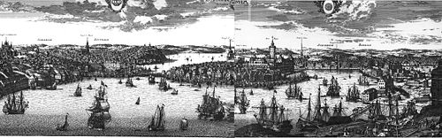 Stockholm as a flourishing place of merchancy around 1690. Stadsholmen, today's Old Town in the middle. Etching from Suecia antiqua et hodierna