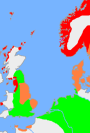 This is the approximate extent of Old Norse and related languages in the early 10th century around the North Sea. The red area is the distribution of the dialect Old West Norse, the orange area is the spread of the dialect Old East Norse and the green area is the extent of the other Germanic languages with which Old Norse still retained some mutual intelligibility