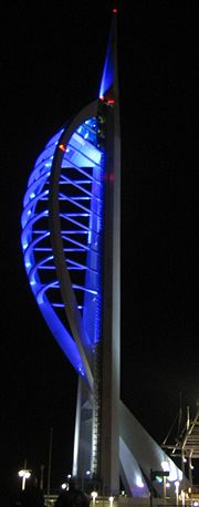 The Spinnaker Tower, Portsmouth at night, showing the Tower's uplighting.