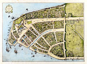 Lower Manhattan in 1660, when it was part of New Amsterdam. North is to the right