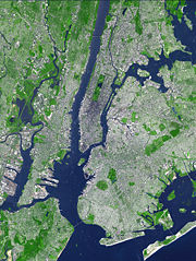 Satellite image showing the core of the New York metropolitan area. Over 10 million people live in the imaged area