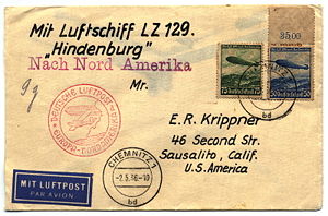 One of many covers flown on the Hindenburg zeppelin, featuring a variety of postal markings.