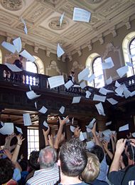 Results for the Cambridge Mathematical Tripos are read out inside Senate House and then tossed from the balcony.