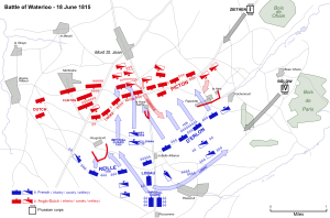 Map of the battle. Napoleon's units are in blue, Wellington's in red, Blücher's in grey.