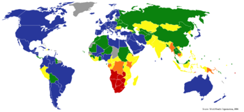 World TB incidence. Cases per 100,000; Red = >300, orange = 200–300; yellow = 100–200; green 50–100; blue = <50 and grey = n/a. Data from WHO, 2006.