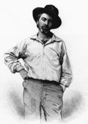 Walt Whitman, age 37, frontispiece to Leaves of Grass, Fulton St., Brooklyn, N.Y., steel engraving by Samuel Hollyer from a lost daguerreotype by Gabriel Harrison.