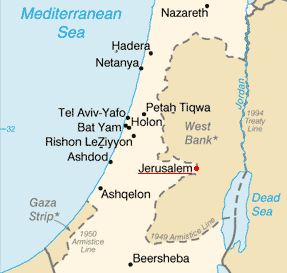 Jerusalem on the map of Israel.