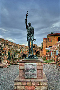 The statue of Miguel de Cervantes at the harbor of Nafpactos