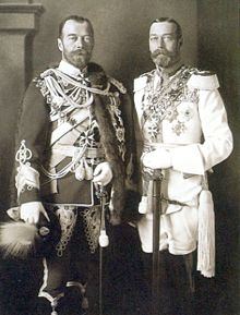 King George V (right) with his first cousin Tsar Nicholas II (their mothers - Queen Alexandra of the United Kingdom and Empress Maria Fyodorovna of Russia - were sisters). Berlin, 1913
