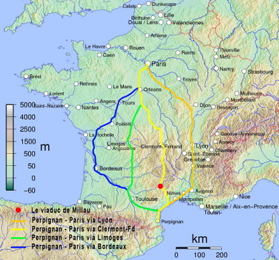The four route options for Perpignan–Paris