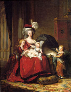 Marie Antoinette and her children, 1786–1787. Sophie Hélène Béatrix, originally in the cradle, was painted out after her death. By Marie Louise Élisabeth Vigée-Lebrun