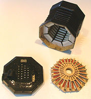 English Concertina disassembled, showing bellows, reedpan and buttons.