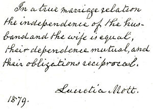 Mott advocated equality in marriage, but opposed changing divorce laws.