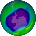 Image of the largest Antarctic ozone hole ever recorded due to CFC accumulation (September 2006).
