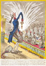 In Uncorking Old Sherry (1805), Gillray caricatured Pitt uncorking a bottle of Sheridan that is bursting out with puns and invective.