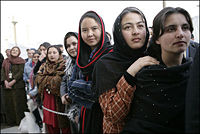 Women waiting in line in Kabul.