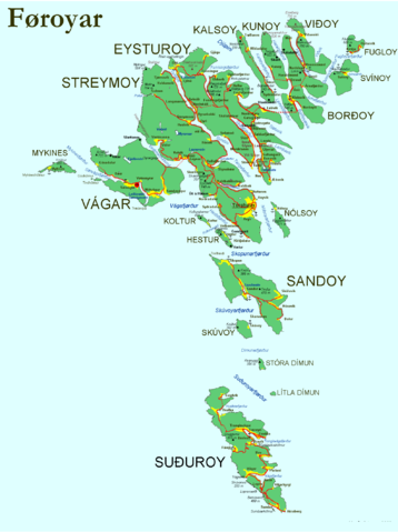 Image:Faroe map with villages, streets, straits, firths, ferry harbours and major moutains.png