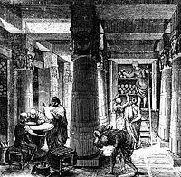 A depiction of the ancient Library of Alexandria.