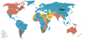 Legal systems across the world. Civil law is blue; other systems are common law (pink), mixed civil and common law (brown), custom (green) and fiqh (yellow).