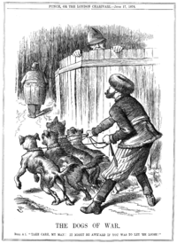 Punch cartoon from June 17, 1876. Russian Empire preparing to let slip the Balkan "Dogs of War" to attack the Ottoman Empire, while policeman John Bull (UK) warns Russia to take care. Supported by Russia, Serbia and Montenegro declared war on the Ottoman Empire one day later.