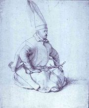 A Janissary sketched by the renowned Venetian artist Gentile Bellini (1429-1507) who also painted the famous portrait of Sultan Mehmed II