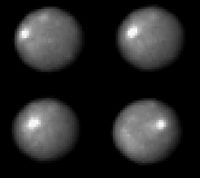 Hubble Space Telescope images of Ceres, taken in 2003/4 with a resolution of about 30 km. The nature of the bright spot is uncertain.