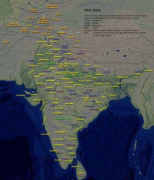 Map of "Bharatvarsha" (Kingdom of India) during the time of Mahabharata and Ramayana. (Title and location names are in English.)