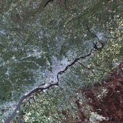 A simulated-color satellite image of Philadelphia taken on NASA's Landsat 7 satellite. The Delaware River is visible in this shot.