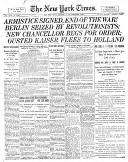 Front page of The New York Times on Armistice Day, November 11, 1918.