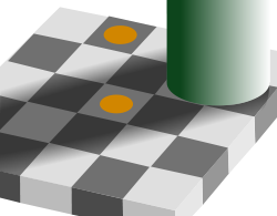 The upper disk and the lower disk have exactly the same objective color, and are in identical gray surrounds; based on context differences, humans perceive the squares as having different reflectances, and may interpret the colors as different color categories; see same color illusion.