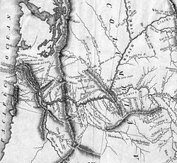 Detail from the Lewis and Clark expedition map. The Willamette River is shown as the "Multnomah," while the Snake River is "Lewis's River." (See complete map.)