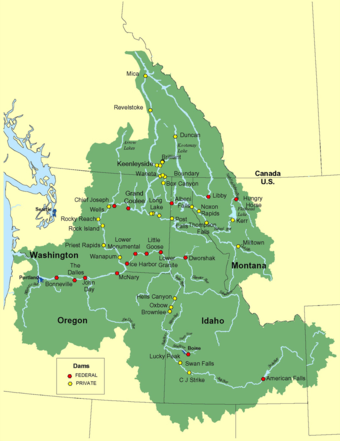 Columbia River watershed, showing major dams and tributaries