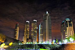 Nighttime view of Puerto Madero, a district developed over the old docklands within the last decade.