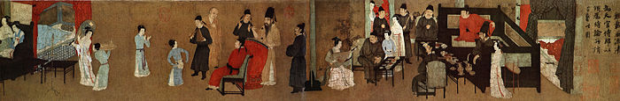A half-section of the Song Dynasty version of Night Revels of Han Xizai, original by Gu Hongzhong; the painting, which is a masterpiece of the era's artwork, portrays servants, musicians, monks, children, guests, hosts all in a single societal environment, serves as an indepth look into 10th century Chinese social structure.