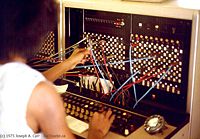 A telephone operator manually connecting calls with patch cables at a telephone switchboard.