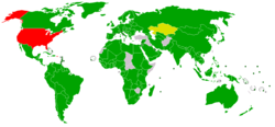 Participation in the Kyoto Protocol: green indicates states parties, yellow indicates states with ratification pending, and red indicates those that signed but declined ratification of the treaty.
