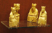 Two kings and two queens from the Lewis chessmen at the British Museum.