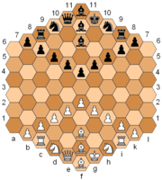 Glinski's hexagonal chess, a chess variant popular in 1930s