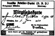 A copy of Adolf Hitler's forged German Workers' Party (DAP) membership card. His actual membership number was 555 (the 55th member of the party - the 500 was added to make the group appear larger) but later the number was reduced to create the impression that Hitler was one of the founding members (Ian Kershaw Hubris). Hitler had wanted to create his own party, but was ordered by his superiors in the Reichswehr to infiltrate an existing one instead.