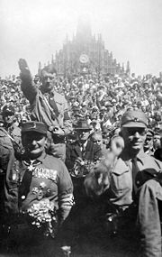 Adolf Hitler, behind Hermann Göring, at a Nazi rally in Nuremberg in 1928.